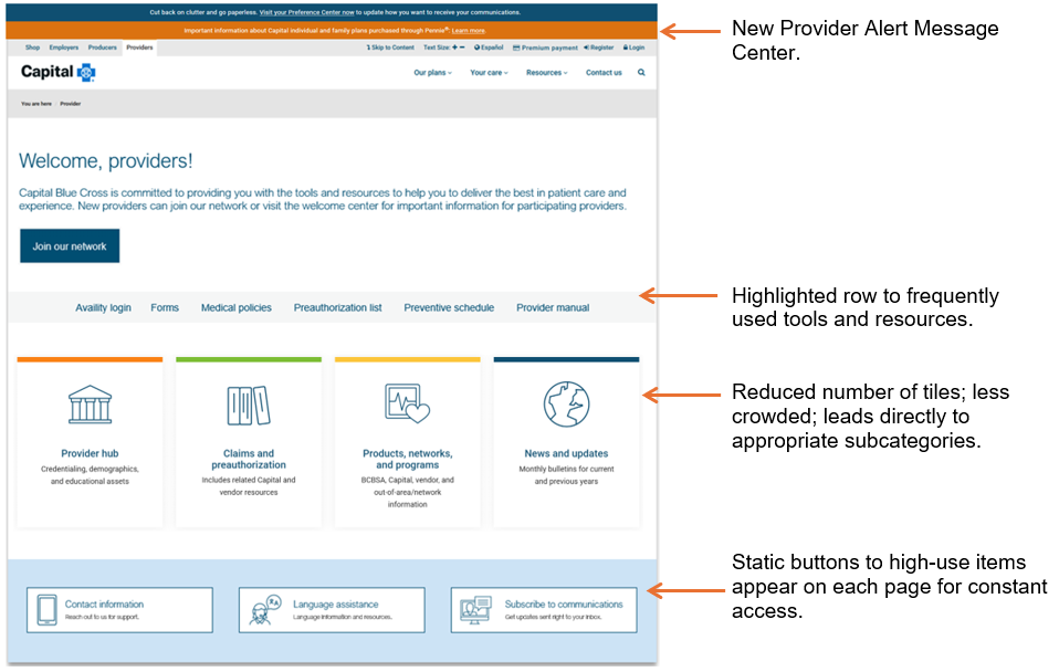 New Provider Alert Message Center. Highlighted row to frequently used tools and resources. Reduced number of tiles; less crowded; leads directly to appropriate subcategories. Static buttons to high-use items appear on each page for constant access.