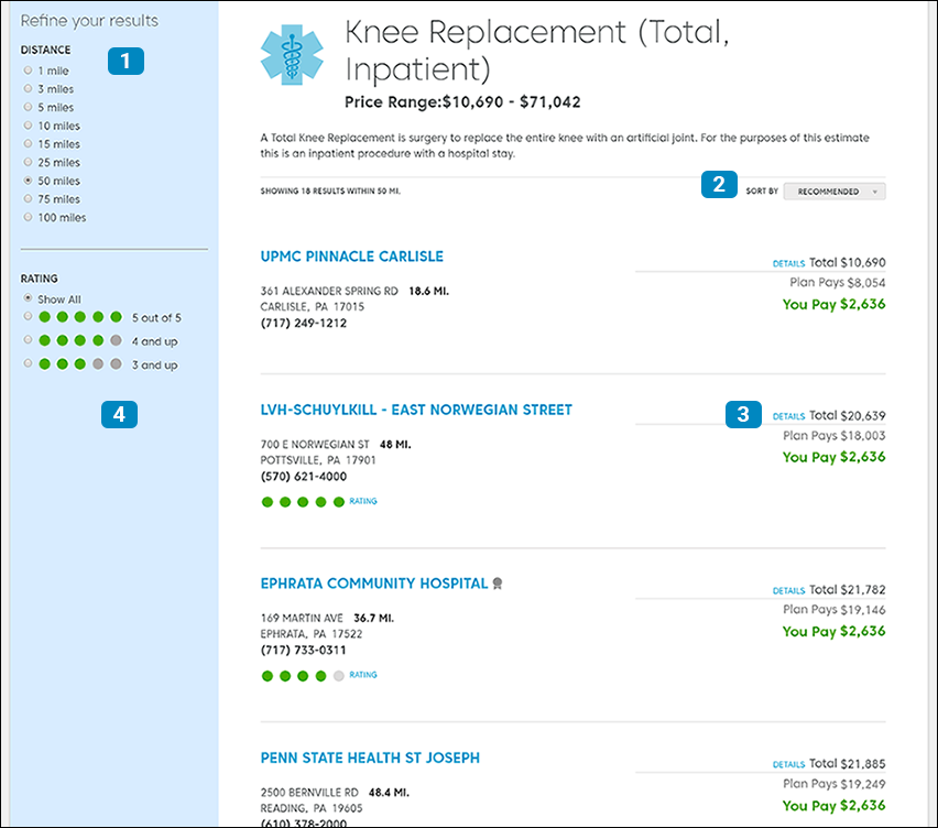 Find healthcare costs page screenshot